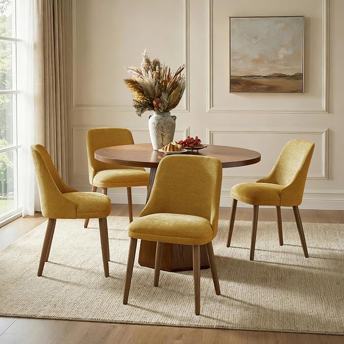 Upholstered Dining Chairs Set of 4, Fabric Dining Room Chairs with Curved Backrest, Solid Wood Legs, Modern Kitchen Chairs for Dining Room Living Room, Mustard