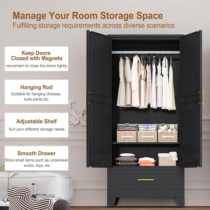 Metal Armoire Wardrobe Closet Storage Cabinet with 2 Doors Black, 71'' Wardrobe Cabinet with Hanging Rod Metal Closet with Adjustable Shelf and Drawer for Bedroom, Laundry Room, Cloak Room