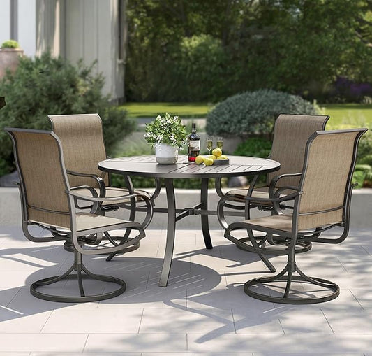PHI VILLA Patio Dining Set for 4, Round Table & Swivel Mesh Chairs, Brown | 42'' Metal slat table with umbrella hole, E-coating metal frame & Textilene chairs, All-weather design for outdoor, deck