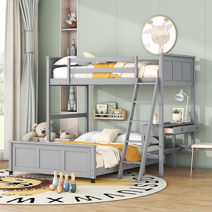 Ball & Cast Twin Over Full Bunk Bed with Safty Guardrail & Stairway,Heavy Duty Wood Loft Bedframe W/Desk & Drawers,Easy Assembly,Versatile Functional Bedroom Furniture Set for Boy Girl Teens,Gray