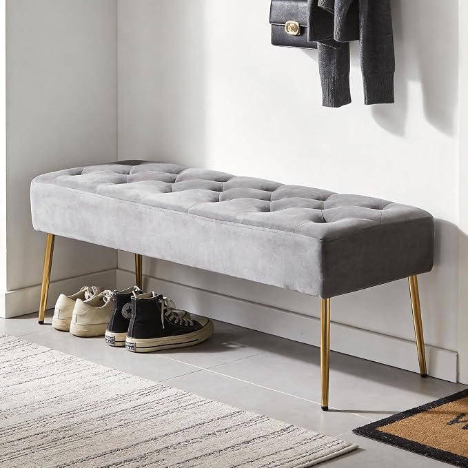 DUHOME Modern Velvet Ottoman Bench, Button-Tufted Upholstered Bedroom Benches,End of Bed Bench with Gold Base for Entryway Living Room Dining Room, Grey