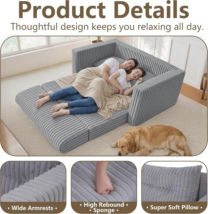 HABUTWAY 49.8" Loveseat Boneless Couch, 4-in-1 Convertible Sofa Bed, Plush Fur Folding Futon Sofa Bed Couches with a Pillow for Living Room, High-Density Foam Support, No Assembly Required, Light Grey