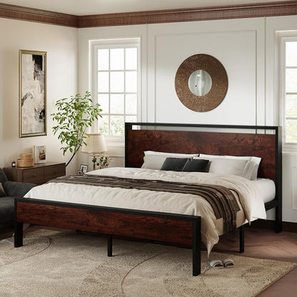 Allewie King Size Platform Bed Frame with Wooden Headboard and Footboard, Heavy Duty 12 Metal Slats Support, No Box Spring Needed, Under-Bed Storage, Noise Free, Easy Assembly, Mahogany