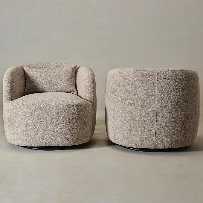KINWELL 34" Wide Boucle Swivel Barrel Chairs Set of 2, No Assembly Round Upholstered Armchairs Accent Chairs Single Sofa Chair with Toss Pillow for Living Room and Bedroom, Taupe