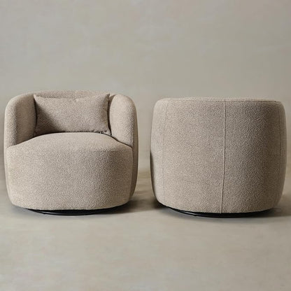 KINWELL 34" Wide Boucle Swivel Barrel Chairs Set of 2, No Assembly Round Upholstered Armchairs Accent Chairs Single Sofa Chair with Toss Pillow for Living Room and Bedroom, Taupe