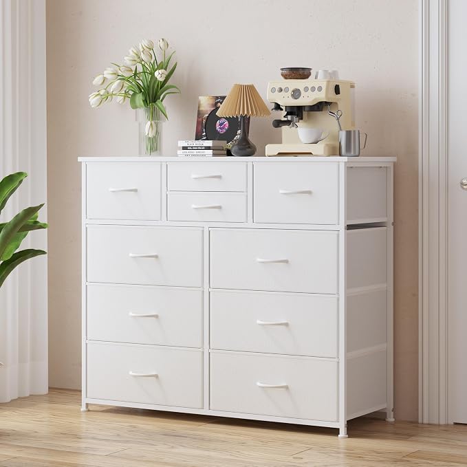 LUMTOK 10-Drawer Dresser, Fabric Storage Tower with Drawers for Bedroom, Dresser Drawer with Handle for Bedroom, Living Room, Hallway, Closets & Nurseryteel Frame, Wood Top (10 Drawer/White)