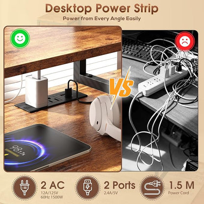 DurayLoly Computer Desk, 47" Desk with Cabinet to Display & RGB Light, Home Office Desks with 3 Drawers for Small Space, 2 AC Power Outlets and 2 Ports, Monitor Stand for Student Bedroom, Brown