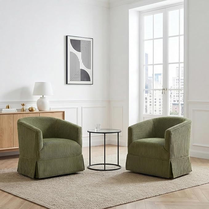 Swivel Accent Chairs Set of 2 for Living Room, 360° Upholstered Barrel Swivel Chairs with Skirted Base, Modern Linen Armchairs for Bedroom, Reading Nook, Small Space, Corduroy Green