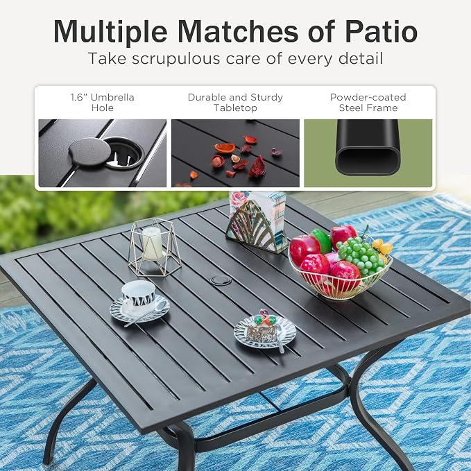 PHI VILLA 5 PCS Patio Dining Set, 4 Outdoor Aluminum Stackable Sling Chairs with Armrest & 1 Square Metal Dining Table with 1.57" Umbrella Hole, Outdoor Furniture for Deck Lawn Garden, Blue
