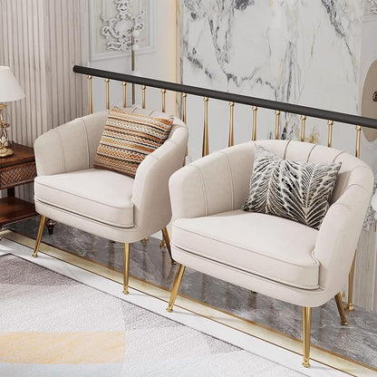 Andeworld Velvet Accent Chair, Upholstered Modern Single Sofa Side Chair,Comfy Barrel Club Living Room Armchair with Golden Metal Legs for Bedroom Living Reading Room Office, Beige