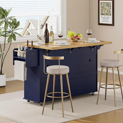 ONBRILL 60" Kitchen Island with Power Outlet & Drop Leaf, Rolling Island with Spice Rack & Towel Rack, Kitchen Island Cart with Trash Storage Cabinet, Island Table for Kitchen, Blue