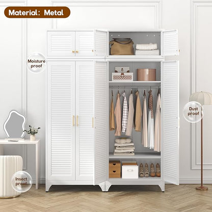 UNICOLY Armoire Wardrobe Closet with Doors, 86'' Wardrobe Cabinet with Hanging Rod, Metal Closet with 2 Adjustable Shelves for Bedroom School, Employee, Gym, White, Shipped in 2 Packages