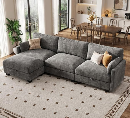 Modular Sectional L Shaped Sofa Couches for Living Room, Cloud Couch with Storage Ottoman, Comfy Chenille Sofa with Pillow, Dark Gray