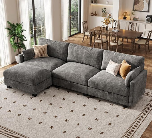 Modular Sectional L Shaped Sofa Couches for Living Room, Cloud Couch with Storage Ottoman, Comfy Chenille Sofa with Pillow, Dark Gray