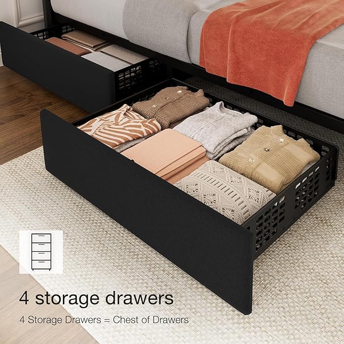 IDEALHOUSE King Upholstered Bed Frame with 4 Storage Drawers, Adjustable Headboard and Wooden Slats Support, No Box Spring Needed, Black