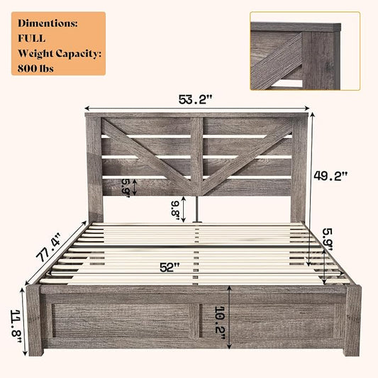 AMERLIFE Full Size Bed Frame with 49.2" Barn Door Headboard and Footboard, Farmhouse Platform Bed Frame with Wood Slats, No Box Spring Needed, Under Bed Storage, Rustic Gray