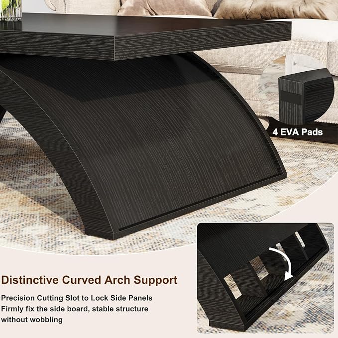 HSH 47" Modern Rectangle Wood Coffee Table for Living Room, Black Oak | Large Rectangular Center Table, Low Table with Sculptural Arched Base, 200 lb Capacity, Easy Assembly
