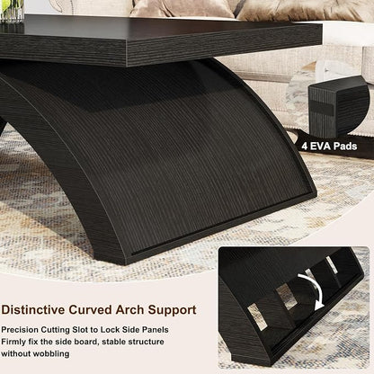 HSH 47" Modern Rectangle Wood Coffee Table for Living Room, Black Oak | Large Rectangular Center Table, Low Table with Sculptural Arched Base, 200 lb Capacity, Easy Assembly