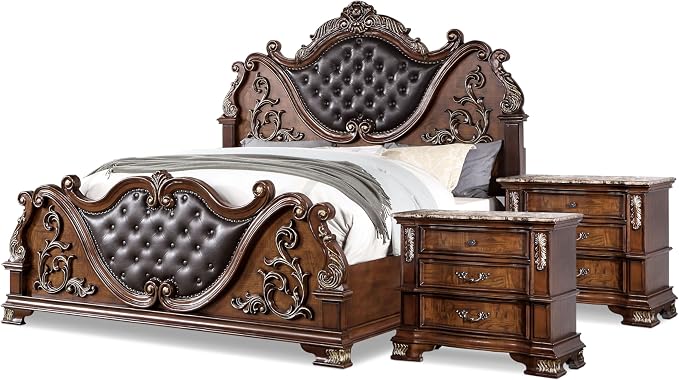 Furniture of America Clairibel Wood 3-Piece Bedroom Set, California King-Size Bed with Button-Tufted Headboard, Marble Top Nightstand & Dovetail Drawers, Box Spring Required, Brown Cherry