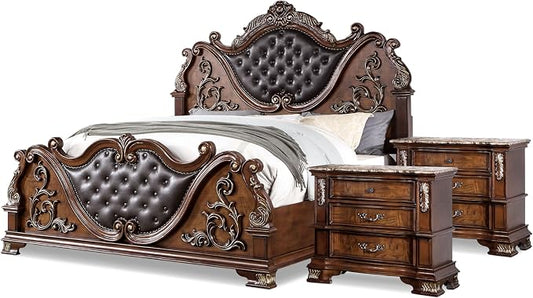 Furniture of America Clairibel Wood 3-Piece Bedroom Set, King-Size Bed with Button-Tufted Headboard, Marble Top Nightstand & Dovetail Drawers, Box Spring Required, Brown Cherry