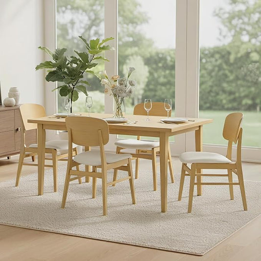 KISLOT Wooden Dining Chairs Set of 4, Upholstered Modern Dining Room Chairs, Mid Century Oak Kitchen Chairs with Ergonomic Wood Backrest for Farmhouse, Restaurant, Café (Cream Fabric & Original Color)