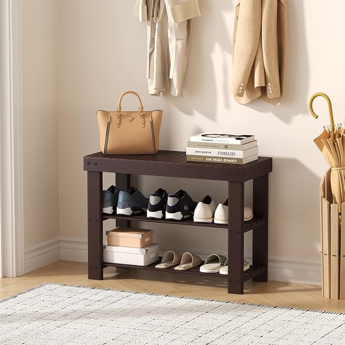 Sweetcrispy 3-Tier Shoe Rack Bench for Entryway, 27 Inches, Brown | Bamboo Shoe Storage Bench, Shoes Rack for Entrance, Bedroom, Living Room, Balcony, 6 Pairs, 286lb Capacity
