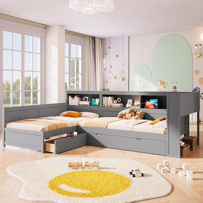 Bellemave L Shaped Corner Bed for 2 Kids, Double Twin Platform BedFrame with Trundle and 5 Storage Shelves, Charging Station, Gray