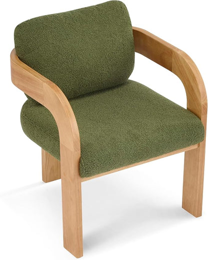 Christopher Knight Home Yorick Modern Boucle Dining Chair Set of 2 with Cushion, Solid Wood Dining Room Armchair Set, Curved Backrest Kitchen Side Chair, Living Room Comfy Extra Seat, Natural+Green