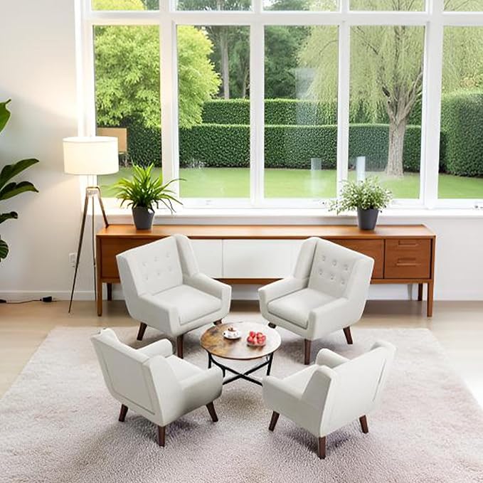 HUIMO Upholstered Accent Chairs Set of 2,Button-Tufted Reading Comfy Living Room Chair with Wooden Legs,Mid Century Modern Chair with Linen Fabric,Club Chair Comfy Arm Chairs for Bedroom,Beige