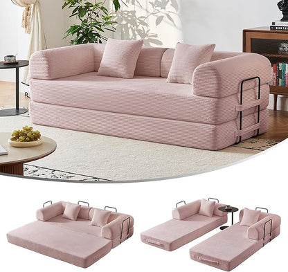 79" 5-in-1 Convertible Sofa Bed No Assembly, Boneless Couch Bed with High Density Foam, Foldable Sleeper Sofa, Corduroy Modular Couch for Apartment, Studio, Dorm Room, Small Space,Pink