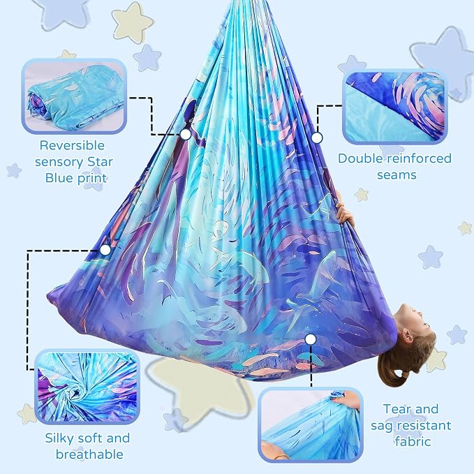 Sensory Swing for Kids Indoor & Outdoor Double Layer Therapy Cuddle Hammock Chair with 360 Swivel Hanger Kit Adjustable Swing for Child and Adult with Aspergers Autism ADHD (Cerulean)