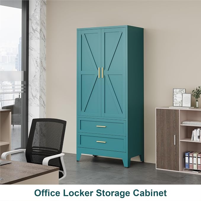 QINPTWUT 71" Tall Metal Wardrobe with Doors, Hanging Rod & Adjustable Shelf, Freestanding Steel Armoire for Bedroom Home Office, 2-Drawer Blue