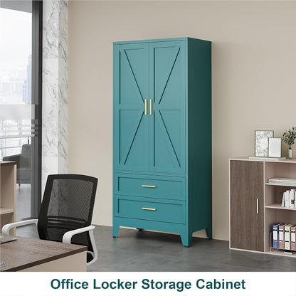 QINPTWUT 71" Tall Metal Wardrobe with Doors, Hanging Rod & Adjustable Shelf, Freestanding Steel Armoire for Bedroom Home Office, 2-Drawer Blue