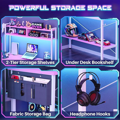 Aheaplus L Shaped Desk Gaming Desk, 59" L Shaped Computer Desk with LED Light & Power Outlet, Reversible Home Office Desk Gamer Desks with Shelves & Storage Bag & Hooks, Corner PC Desk, Pink