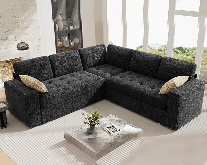 Vipbear 5 Seat L Shaped Modular Sectional Sleeper Sofa Bed with Pull Out Bed/Reclining Backrest/USB Ports/Storage Seat, Sectional Sleeper Couch, Tool-Free Assembly, Chenille Black