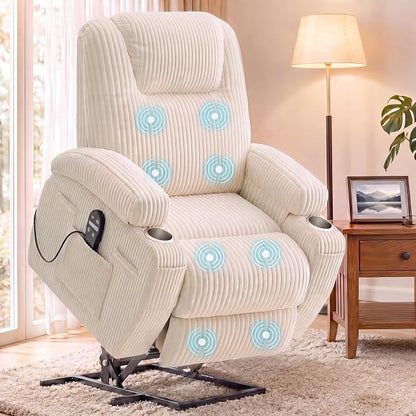 Flamaker Power Lift Chair Massage Recliner Chairs for Elderly, Corduroy Ergonomic Design with Cup Holders & Side Pockets, Remote Control (White)