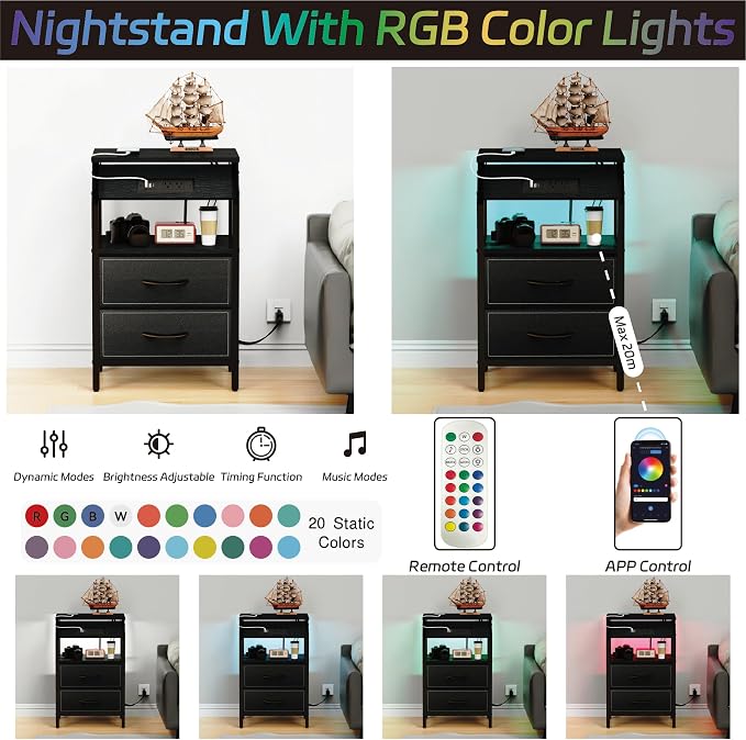 SZLHANJZ End Table with Light, LED Nightstand with 2 Drawers and Type C Charging Station, Small Fabric Night Stand for Bedside, Storage Side Table for Living Room, Dorm, Black