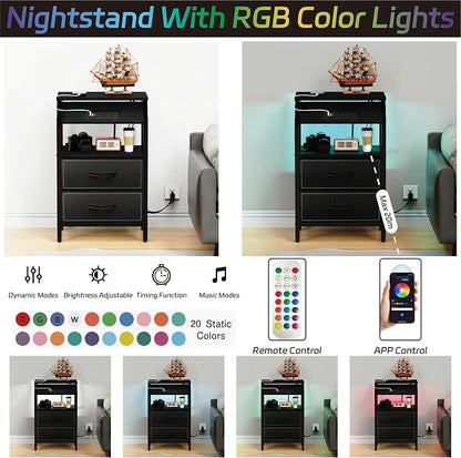 SZLHANJZ End Table with Light, LED Nightstand with 2 Drawers and Type C Charging Station, Small Fabric Night Stand for Bedside, Storage Side Table for Living Room, Dorm, Black