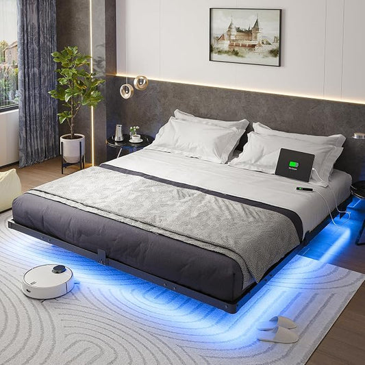Liians King Size Floating Bed Frame with Smart LED Lights and USB Charging Station, Modern Sturdy Metal Platform, Noise Free, No Box Spring Needed Easy Assembly
