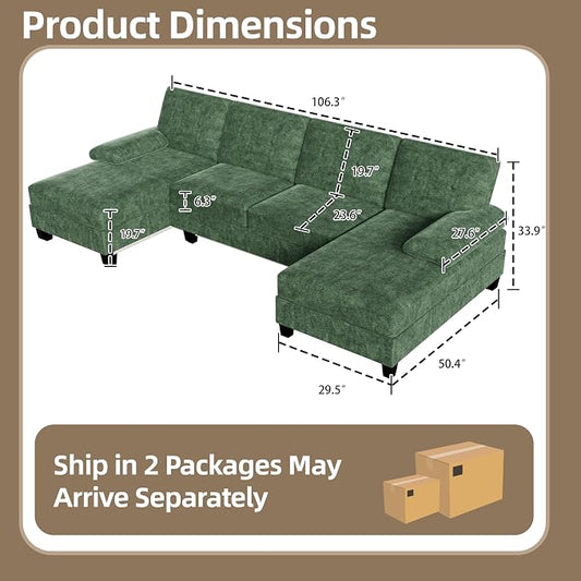 Shintenchi U-Shaped Sectional Couches for Living Room, 4 Seat Sofa with Double Chaise Lounges,Solid Wood Frame Sectional Sofa for Apartment,Green