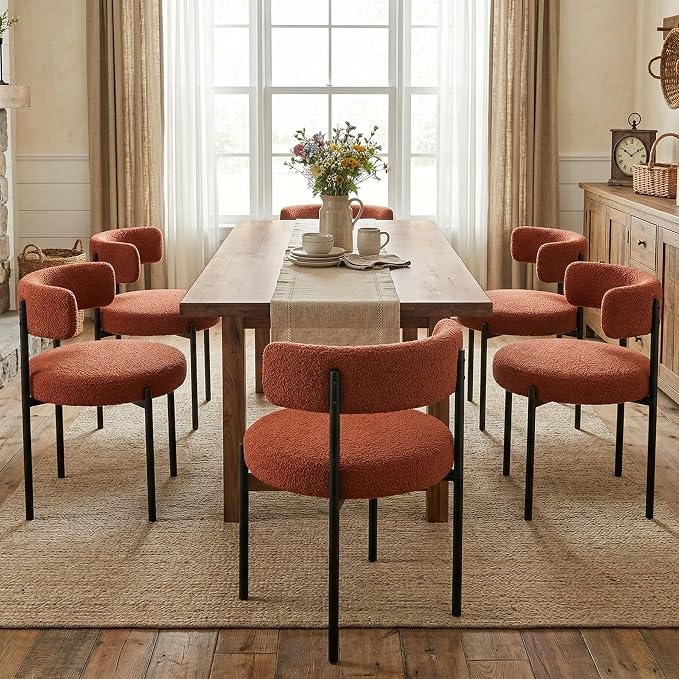Boucle Dining Chairs Set of 2, Rust Dining Chairs with Upholstered Seat and Round Back, Mid-Century Modern Kitchen Chairs for Dining Room, Restaurant
