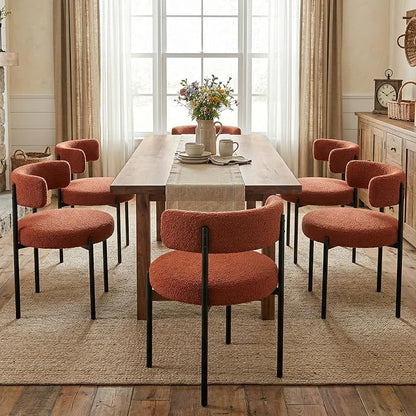 Boucle Dining Chairs Set of 2, Rust Dining Chairs with Upholstered Seat and Round Back, Mid-Century Modern Kitchen Chairs for Dining Room, Restaurant