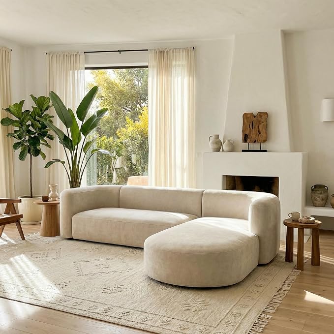 Acanva Luxury Modern Tight Curved Back Velvet Sofa, Minimalist Style Comfy Couch for Living Room Apartment, L-Shape Right Chaise, Cream