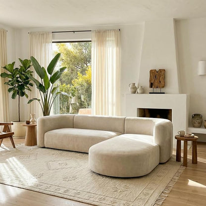 Acanva Luxury Modern Tight Curved Back Velvet Sofa, Minimalist Style Comfy Couch for Living Room Apartment, L-Shape Right Chaise, Cream