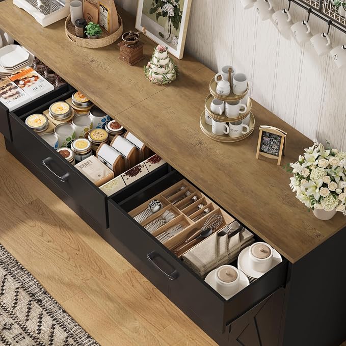 HOSTACK 71" Large Sideboard Buffet Cabinet with Storage, Farmhouse Coffee Bar Cabinet with 3 Drawers, Long Kitchen Buffet Table, Kitchen Sideboard Storage Cabinet for Dining Room, Living Room, Black
