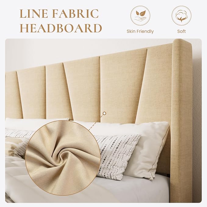 SHA CERLIN Queen Size Bed Frame with Geometric Wingback Headboard, Upholstered Platform Bed with Wooden Slats Support, 8" Under-Bed Space, No Box Spring Needed, Easy Assembly, Beige