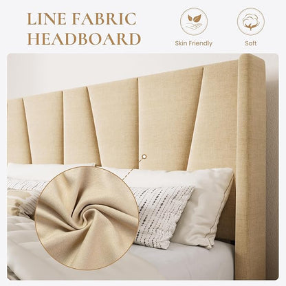 SHA CERLIN King Size Bed Frame with Geometric Wingback Headboard, Upholstered Platform Bed with 8" Under-Bed Space, No Box Spring Needed, Easy Assembly, Beige