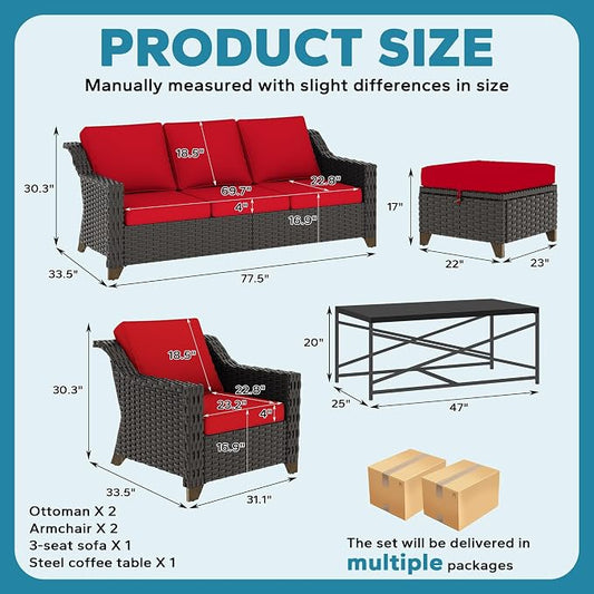 6 Pieces Outdoor Conversation Furniture Set - 77" Patio Sofa, 2 Armchairs, 2 Ottomans, 1 Metal Table, Patio Wicker Couch Set with Washable Cushions for Swimming Pool (Red)