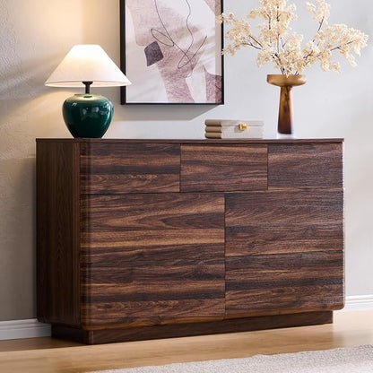 ACCOHOHO Modern 7 Drawer Dresser for Bedroom, 52" Wide Handleless Chest of Drawers, Large Push-to-Open Wood Storage, Dresser TV Stand for Bedroom, Living Room, Hallway, Curved Profile, Brown