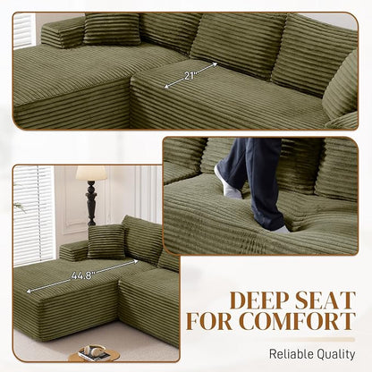 95" L Shaped Boneless Sectional Couches, Wide Armrest, Deep Seat, Memory Foam, Assembly Free, Modern Comfy Corduroy Fluffy Cloud Sofa with Left Chaise for Living Room, Small Spaces, Green